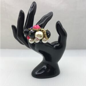 Y2K Betsey Johnson Marilyn Lips Faux Pearl Cluster Statement Ring 7.5